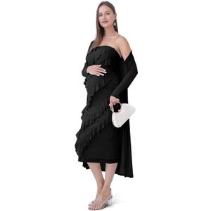 SUNNYBUY Elegant 2 Piece Maternity Dress with Mesh Cardigan, Strapless Ruffle Maxi Gown Cocktail Dresses for Baby Shower (Black, M)