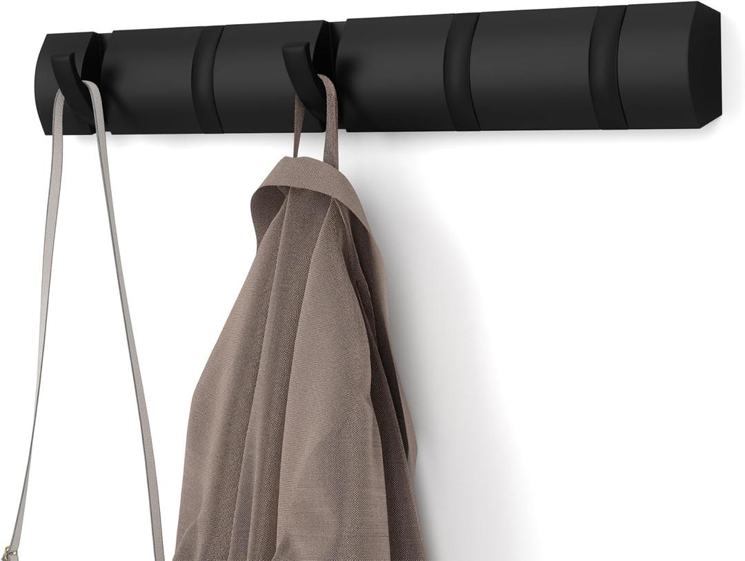 Umbra Flip Wall-Mounted Coat Rack with 5 Hooks Modern, Space-Saving Storage for Hats, Jackets, Bags, Entryway, Mudroom, Closet, Bathroom, Bedroom Black
