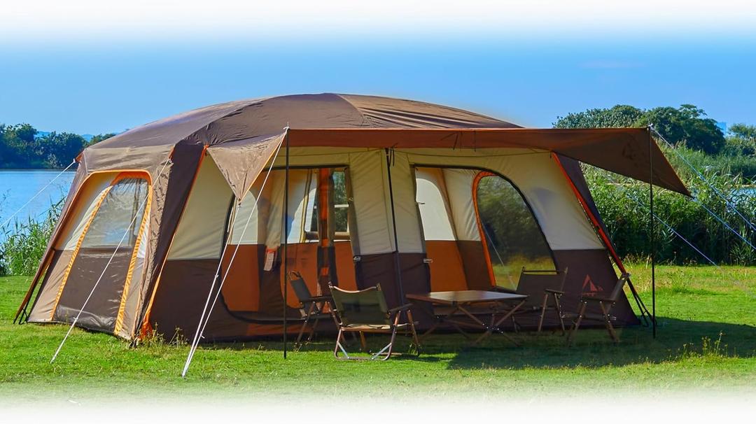 KTT Extra Large Tent 12-14 Person, Family Cabin Tents,2 Rooms, Straight Wall,2 Doors 4 Windows with Mesh, Waterproof, Straight Wall, Big Tent for Outdoor, Picnic, Camping, Gathering (Brown)