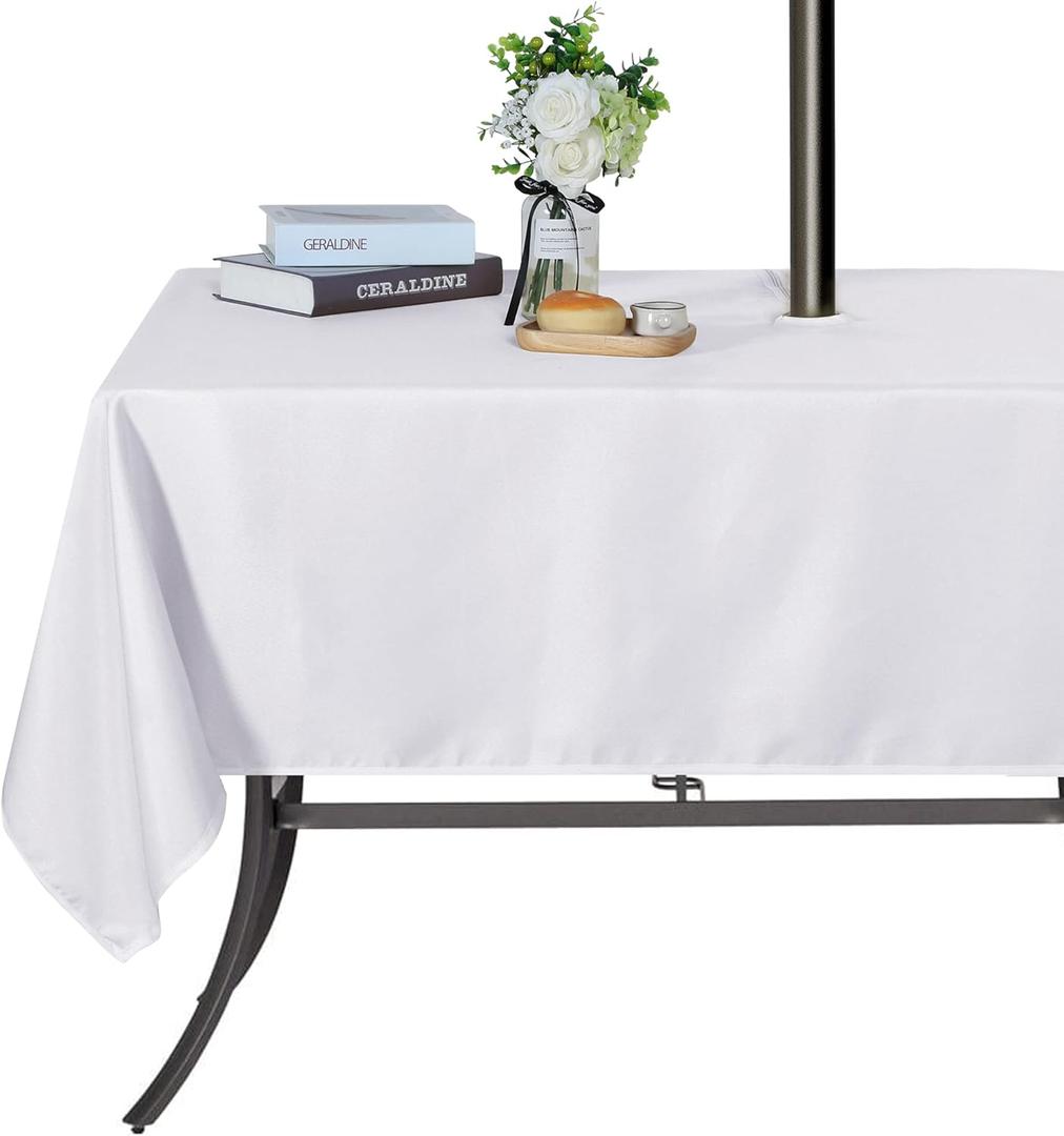 SARAFLORA Outdoor and Indoor Tablecloth -60x84 inch White, Wrinkle Free Washable Waterproof Table Cloth with Umbrella Hole and Zipper Rectangle Table Cover for Spring/Summer/Patio/Picnic/BBQS/Party