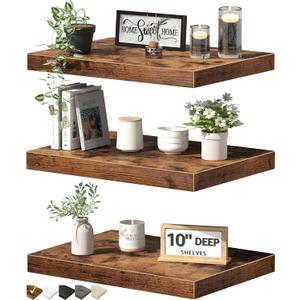 QEEIG 10" Deep Floating Shelves for Wall - 10 x 16 inch Book Shelf Bathroom Bedroom Kitchen Living Room Hanging Bookshelf Farmhouse Set of 3, Rustic Brown (025-40BN3)