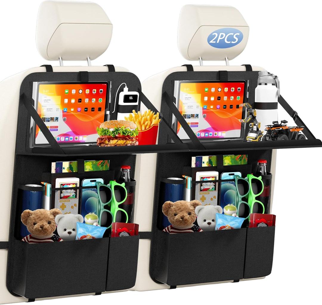 KaiCross Car Backseat Organizer with Table Holder, 10 Storage Pockets Backseat Car Organizer and Storage with 600D Oxford Cloth, Travel Essentials, Kick Mats Back Seat Protector-2 Pack