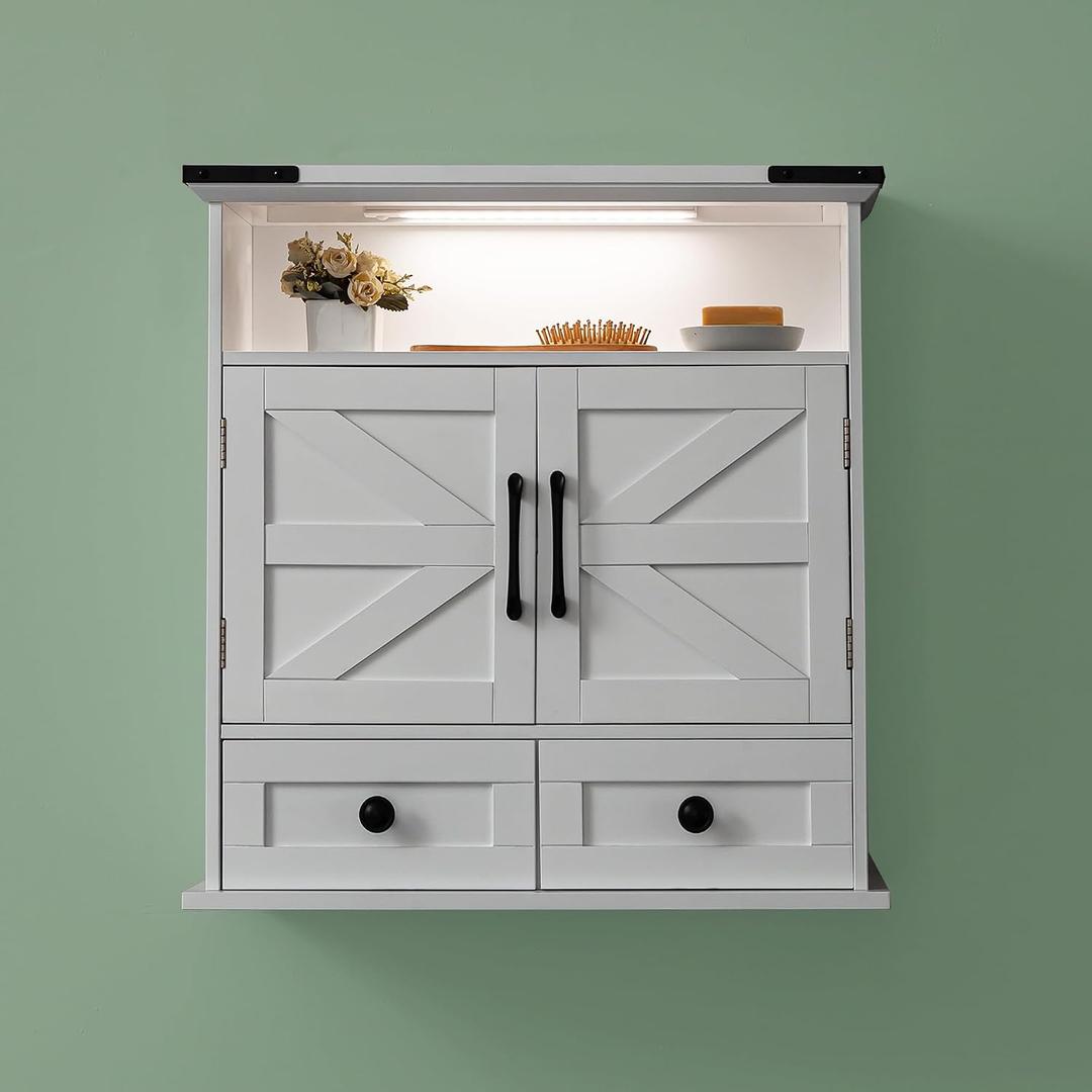 Bathroom Wall Cabinet, 23" x 25" Farmhouse Over The Toilet Storage with Motion LED Light & Safety Drawers, Wooden Medicine Cabinet, Water-Resistant White Organizer (9" Depth)