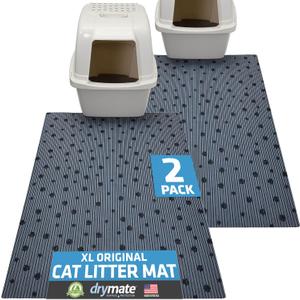 Drymate Original Cat Litter Mat, Contains Mess from Box, Protects Floors, Urine-Proof, Machine Washable, Soft on Kitty Paws, Absorbent, Waterproof (USA Made) (28”x36”)(GreyStripePaw)(2-Pack)
