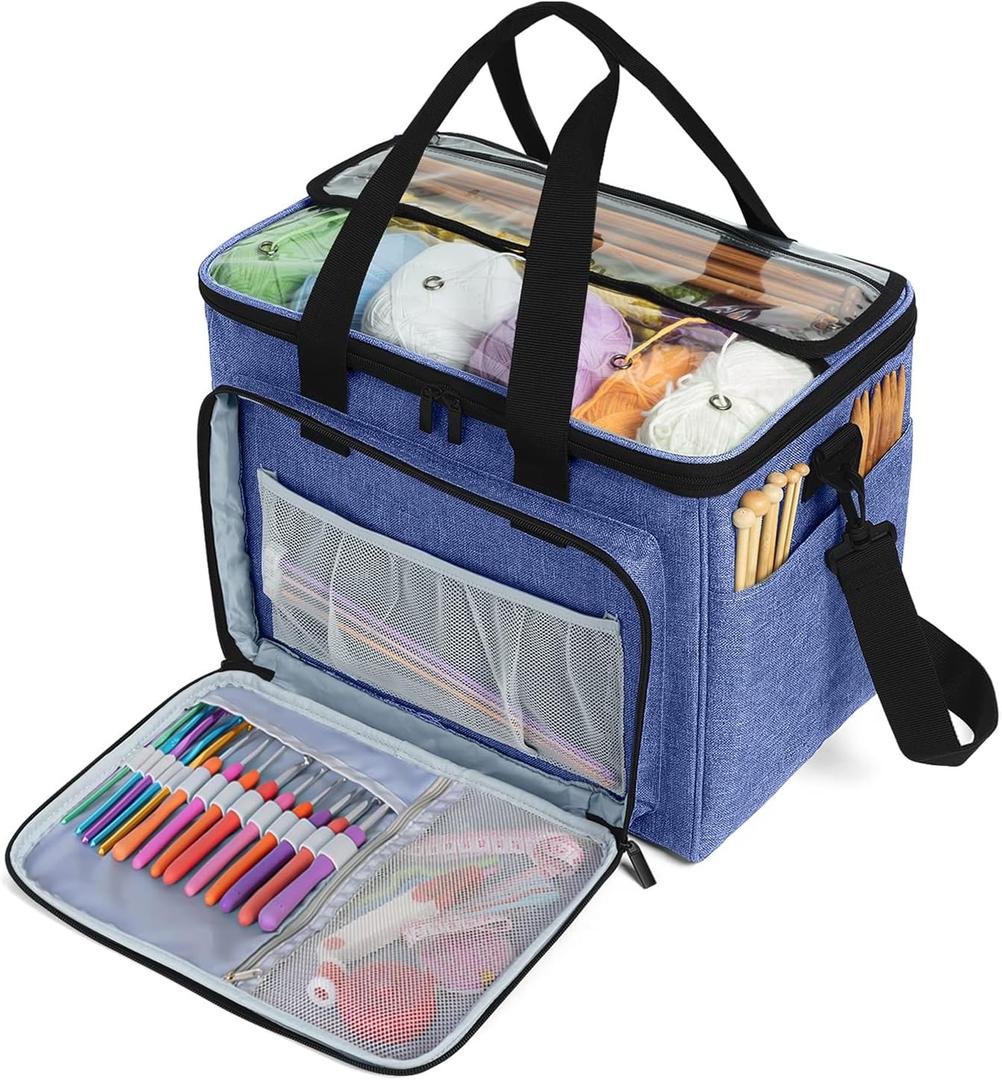 Teamoy Knitting Bag, Yarn Storage Organizer Crochet Bag Tote, Dark Blue, Large - No Cover