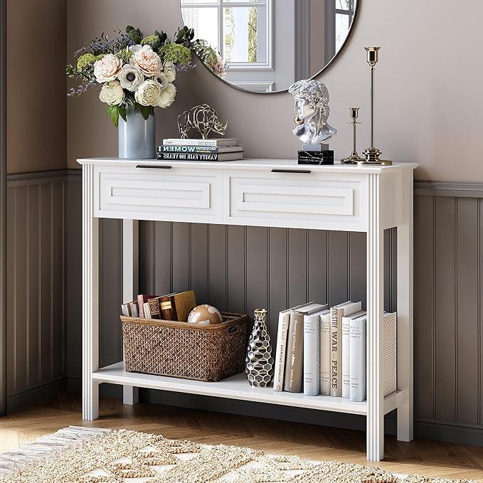 Fluted White Console Table with Drawers, Modern Entryway Table with Storage, Sofa Table Behind Couch, Entry Table for Living Room, Hallway, Foyer