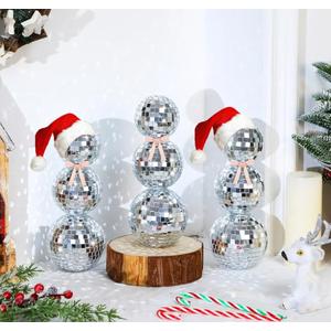 Thyle 3 Pcs Christmas Disco Ball Decor, Snowman Shaped Aesthetic Glitter Mirror Ornament Disco Ball Snowman Statues Room Table Decor for Art Christmas Home Decorations