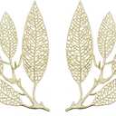 Benjara 18 Inch Set of 2 Wall Art Decor Pieces, Leaf Design, Modern Gold Finish
