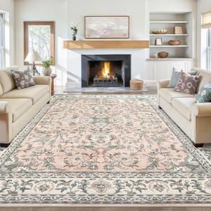 Tortania Area Rug Living Room Rugs - 8x10 Washable Boho Rug Vintage Oriental Distressed Farmhouse Large Thin Indoor Carpet for Living Room Bedroom Under Dining Table Home Office - Floral Pink