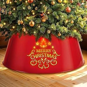 Glitzhome Metal Merry Christmas Diecut Tree Collar with Light String Tree Stand Cover Christmas Tree Ring for Christmas Decorations 26" D