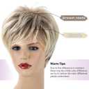 SEVENCOLORS Short Blonde Pixie Cut Wigs for White Women Blonde Mix Brown Synthetic Wigs Natural Looking Short Hair Wig with Bangs