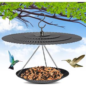 7.7" Metal Bird Feeder Hanging Outdoor, Small Bird Feeder with Squirrel Baffle, Bird Feeder Cover Shield Umbrella Weather Guard, Black (1 pack)
