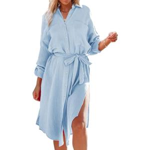 Dokotoo Womens 2024 Fashion Solid Color Button Down Long Sleeve Side Split Beach Cover Ups Shirt Dress with Pockets, M