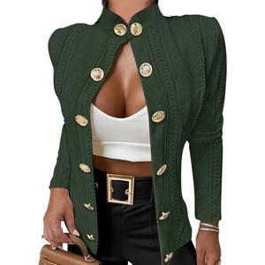 CHICME Women Argyle Cable Cardigan Casual Lightweight Cropped Coat Stand Collar Long Sleeve Metal Button Front Spring Jackets (Medium, Green)
