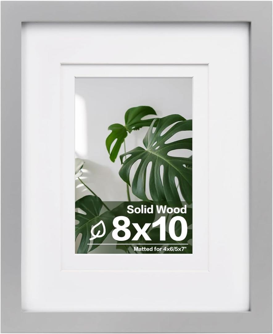 Egofine 8x10 Picture FrameMade of Solid Wood with Plexiglass, Display Pictures 4x6/5x7 with Mat or 8x10 Without Mat, for Tabletop and Wall Mounting Photo Frame, Light Gray