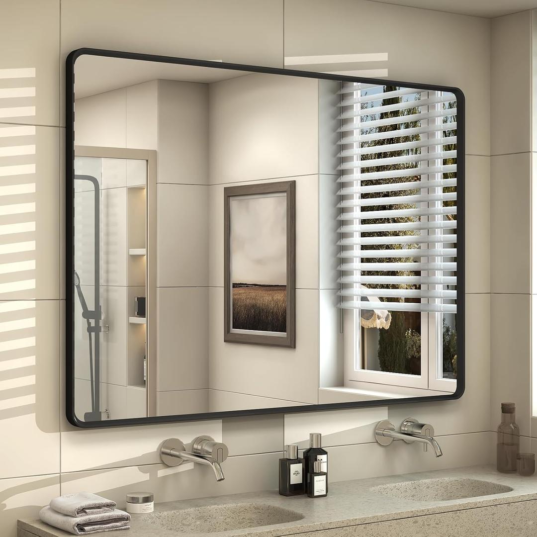 OKPAL 44X32 Inch Matte Black Bathroom Mirror, Black Framed Bathroom Vanity Mirror, Black Rectangle Mirror, Round Corner, Rustproof, Shatter-Proof (Horizontal/Vertical)