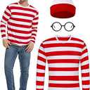 URATOT Adult Men Halloween Costume Sets Red and White Striped Tee Shirt Beanies with Nerd Glasses XXL