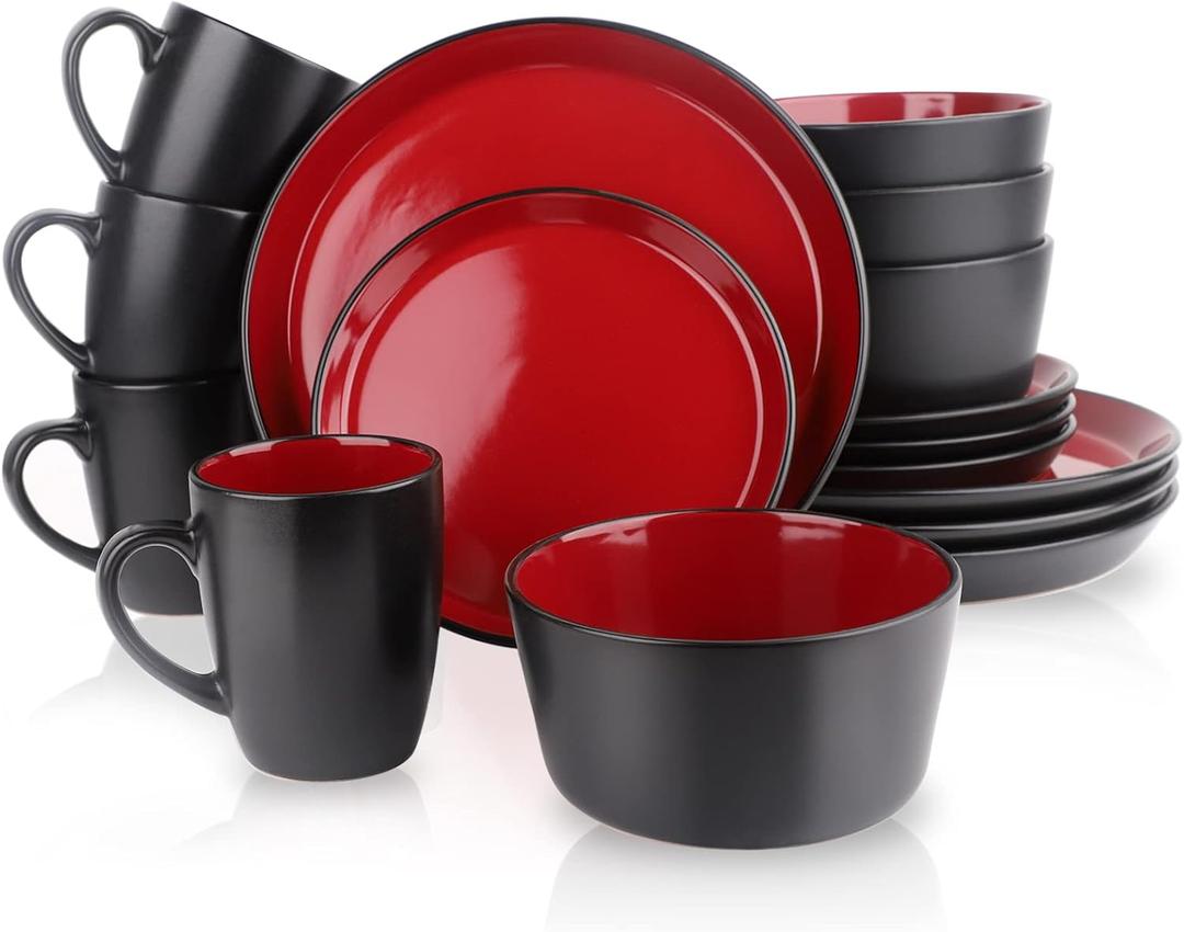 GOOD ALWAYS Plates and Bowls Sets, 16 Pieces Dinnerware Sets, Dishes Set for 4, Christmas, Kitchen Set is Home Essentials, Black & Red
