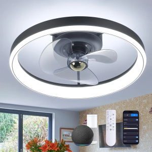 Miuyhji Bladeless Smart Ceiling Fan with Lights for Bedroom - Alexa/Google Assistant Enabled Low Profile Fandelier, 19in Flush Mount, 3000K-6500K Dimmable LED, Remote/APP Control, Black