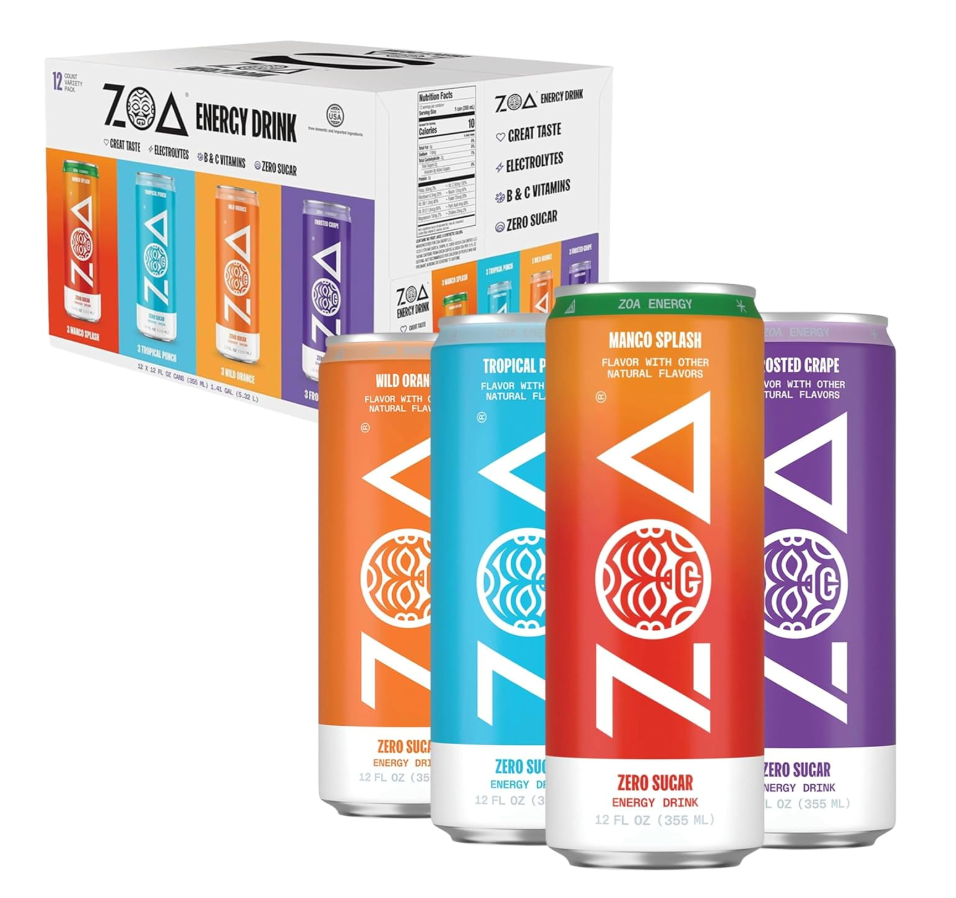 ZOA Zero Sugar Energy Drinks, Variety Pack - Sugar Free with Electrolytes, Healthy Vitamin C, Amino Acids, Essential B-Vitamins, and Caffeine from Green Tea (MS, TP, FG, WO)- 12 Fl Oz (12-Pack), EXP 09/07/26