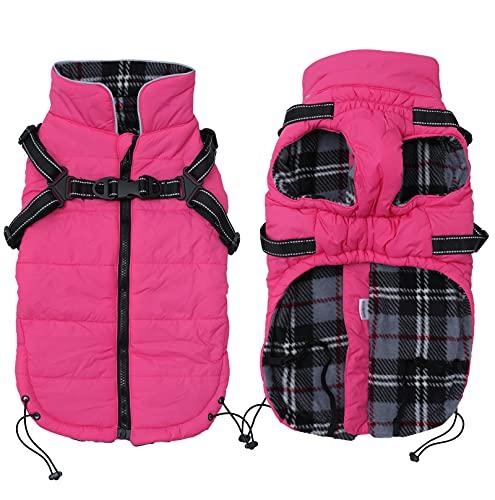 Winter Warm Coat Geyecete Waterproof Dog Jacket with Harness Traction Belt,Pet Outdoor Jacket Autumn and Winter Clothes for Medium, Small Dog-Pink-L