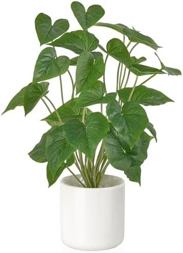 Mkono Fake Plants in Pot, 17" Potted Artificial Plants for Home Decor Indoor Faux Green Leaf Plant with Modern White Planter for Desk Shelf Office Room Decoration (White, Large)