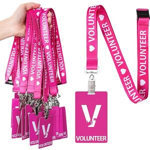 25 Pack Volunteer Lanyard with PVC Plastic Card Pass Volunteer Identification ID Badges Bulk Breakaway Lanyard for Activity, Fundraising, Church, School, Events(Pink)
