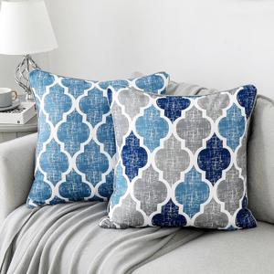 Beauoop Throw Pillowcover Soft Chenille Print Moroccan Geometric 2-Sided Pattern Blue and Gray Decorative Velvet Square Cushion Covers Standard Pillowcase Couch Sofa Bed Men/Women 18x18 Inch, Set of 2