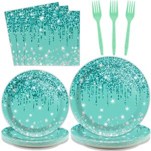 96 Pcs Teal and Silver Tableware Set for 24 Guests Happy Birthday Table Decorations Breakfast Blue Birthday Theme Dessert Plates Napkins Forks for Girls Women Silver Glitter Party Supplies