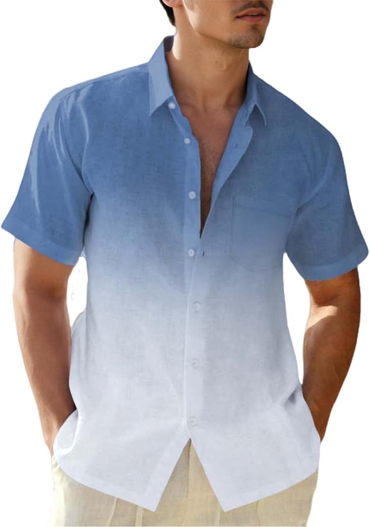 Mens Linen Shirts Gradient Short Sleeve Casual Shirts Button Down Shirt Beach Summer Wedding Vacation Shirt for Men (Blue, M)