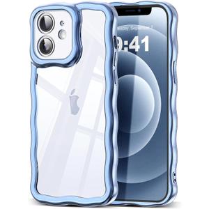 SKYLMW Compatible with iPhone 12 Case, Kawaii Cute Curly Wave Frame Luxury Plating Edge, Stylish Glossy Clear Back, Soft TPU Shockproof Protective Cases for iPhone 12, Blue
