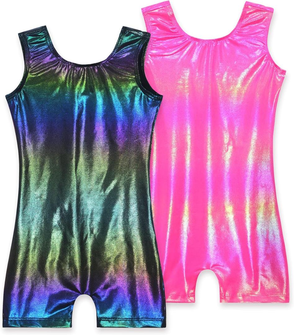 2 Pack Leotard for Girls Gymnastics Sparkly Tumbling Unitards with Shorts Sleeveless One Piece Biketards (5-6 Years, 2pcs Hot Pink & Black)