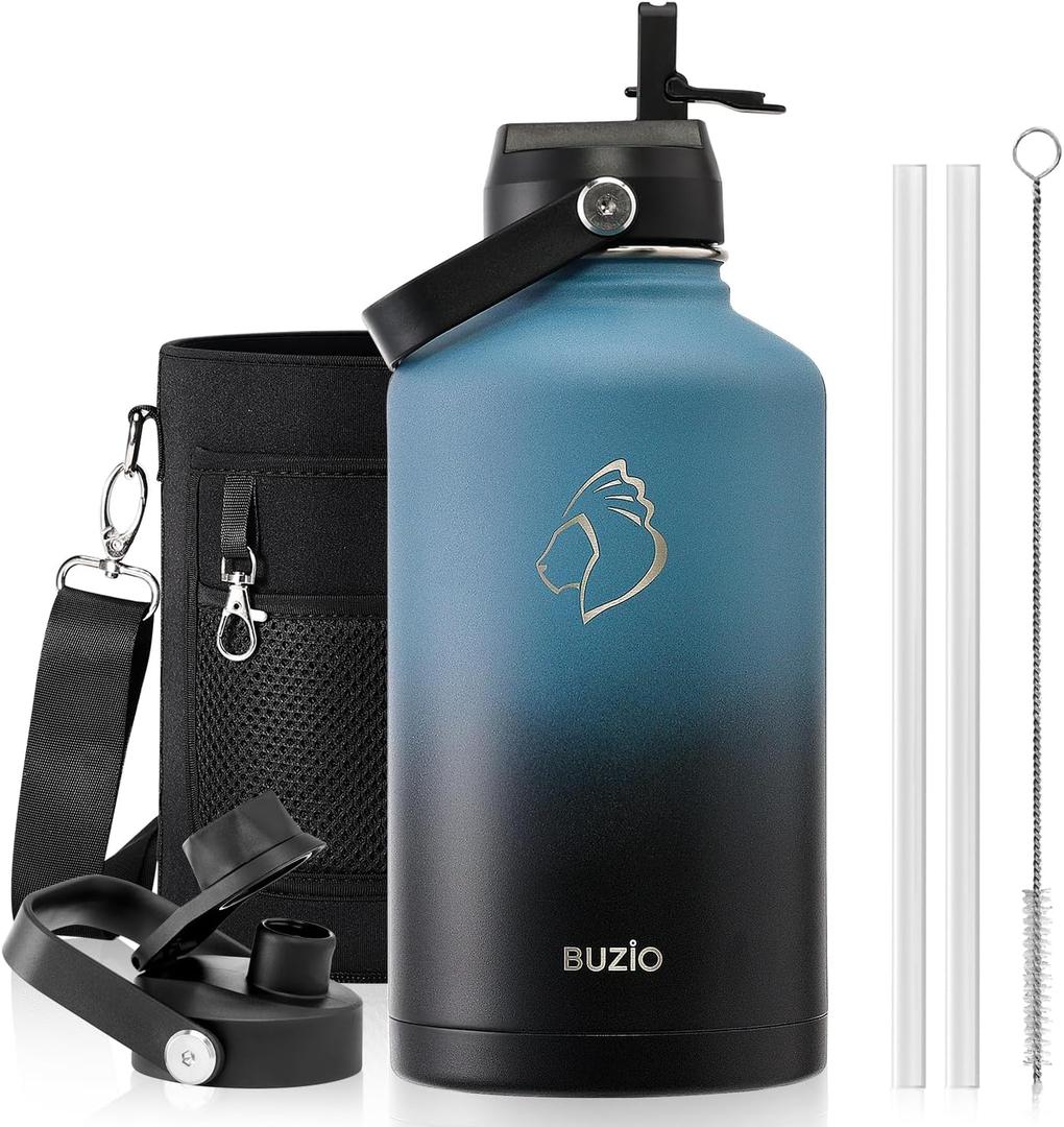 BUZIO Insulated Water Bottle with Straw Lid and Flex Cap, 64oz Double Wall Vacuum Stainless Steel Water Thermo Wide Mouth Lid, Cold for 48 Hrs Or Hot for 24 Hrs Sweat Proof Flask, Indigo Crush