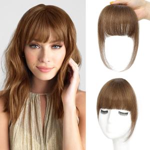 NAYOO Bangs Hair Clip - Medium Brown Fake Bangs 100% Real Human Hair Extensions French Bangs for Women Fringe with Temples Hairpieces