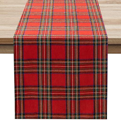 Softalker Christmas Checkered Tartan Table Runner - Red Buffalo Plaid Xmas Stain Resistant Washable Winter Table Decoration for Dining Parties Holiday Indoor Outdoor Decor, 13 x 90 Inch