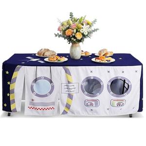 Oudain 10ft x 7.5ft Large Tablecloth Playhouse for Kid Table Fort Cover Table Cloth Tent Playhouse for Dining Room Birthday Indoor Outdoor Party Playground (Blue Colors, Space Station Style)