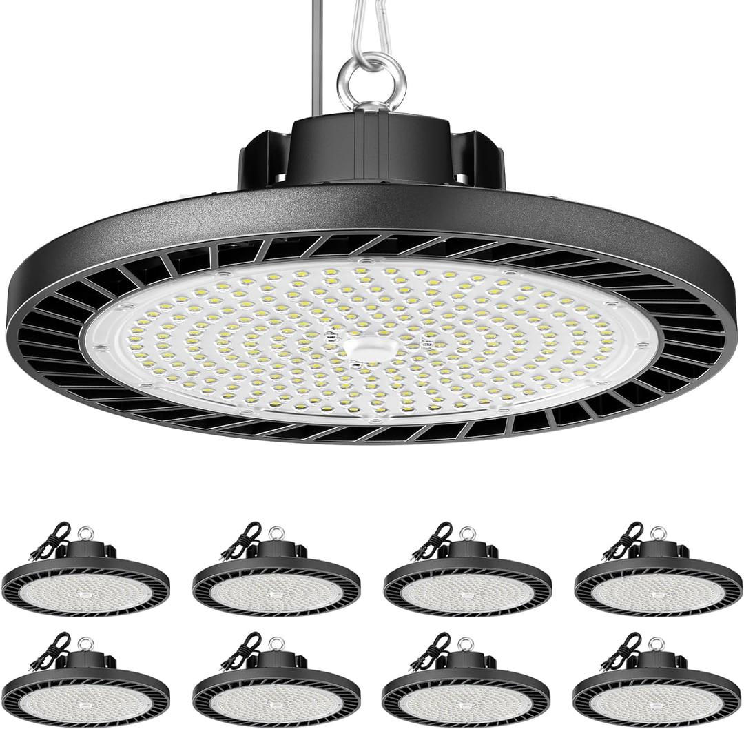 ONLYLUX 8 Pack LED High Bay Lights 200W, 30000LM 6500K UFO High Bay LED Shop Lights AC100-277V with Plug Industrial Warehouse Workshop Factory Barn Garage Area Lighting Fixture