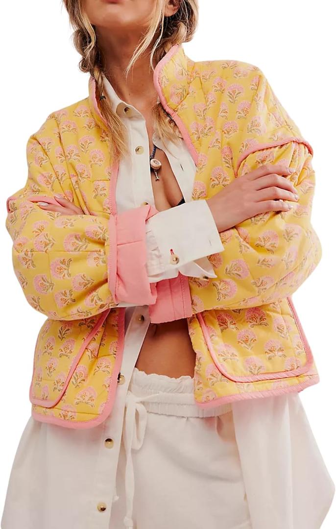 AICHARMWA Women's Floral Quilted Jackets Cropped Open Front Lightweight Short Padded Puffer Coat(005-YellowFloral-M)