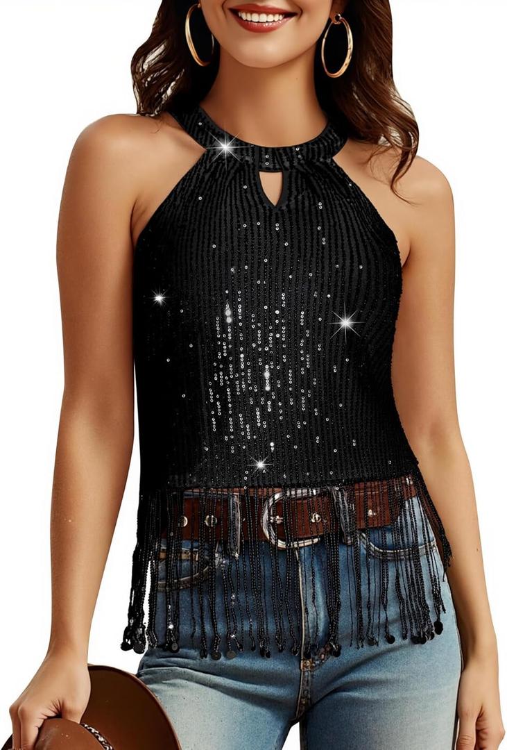 Aupuls Fringe Country Concert Outfits for Women Halter Sequin Disco Tops Sexy Party Top Black, X-Large