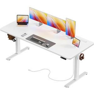 Huuger 63 X 24 Inch Electric Standing Desk with Power Outlets and USB-C Port, Height Adjustable Desk, Sit Stand Desk for Home Office, Computer & Gaming Desk with 4 Presets, Stable Steel Frame, White