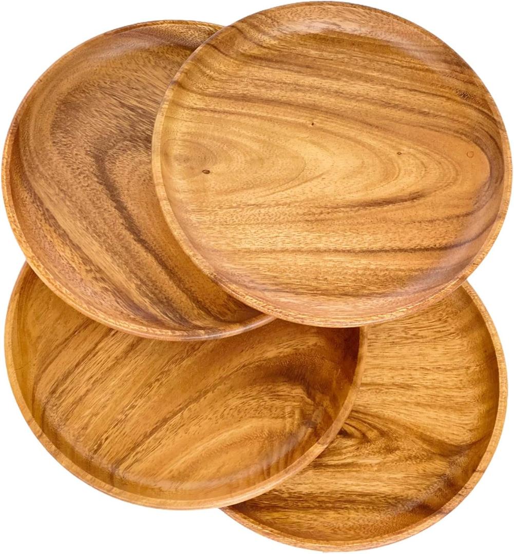 Wood Plate Set of 4, Natural Rustic Acacia 10" Round Hardwood Platter, Handcrafted, Versatile Durable Sustainable Dinnerware, For Daily Use or as Picnic & Poolside Server.