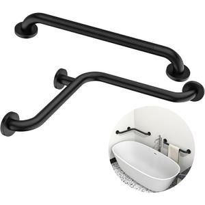 Black Inside Corner Grab Bar 16x16 Inch w/Knurled Grab Bar 20 Inch, Zepolu Stainless Steel Angled Bathroom Grab Bars, Wall Mounted L-Shaped Safety Shower Toilet Handrail for Seniors Disabled