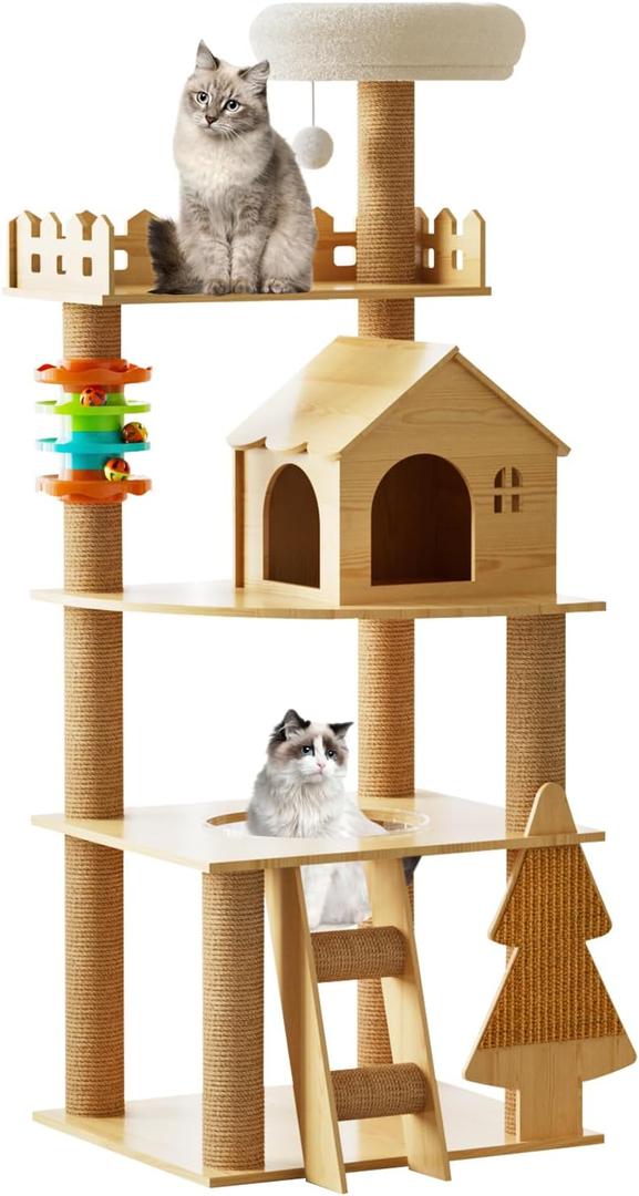 Cat Tree, B64 Wood Cat Tree Tower for Indoor Cats, 60.7" Modern Cat Tower with Sisal-Covered Scratching Posts and Top PerchCat Condo with Acrylic Hammock for Small Large Cats