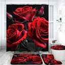 Jirown Red Rose Shower Curtain Sets 4 Pcs,Non-SlipRugs Bath Mat Toilet Cover U Shaped Mat Black Red Shower Curtain with 12 Hooks,Durable Bathroom Decor Set
