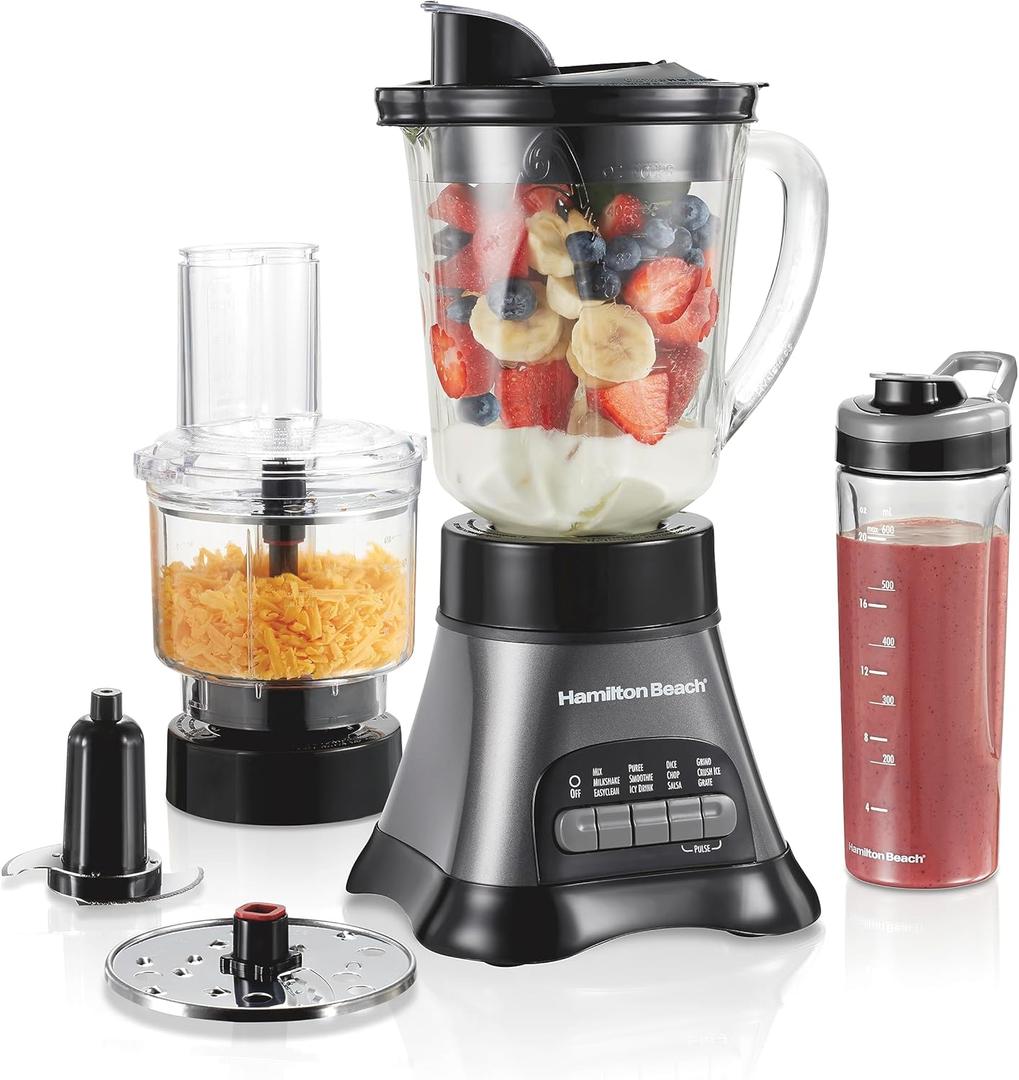 Hamilton Beach Blender and Food Processor Combo  40oz Glass Jar, Portable Travel Cup, 3-Cup Electric Food Chopper, 700W  Gray/Black (58163)