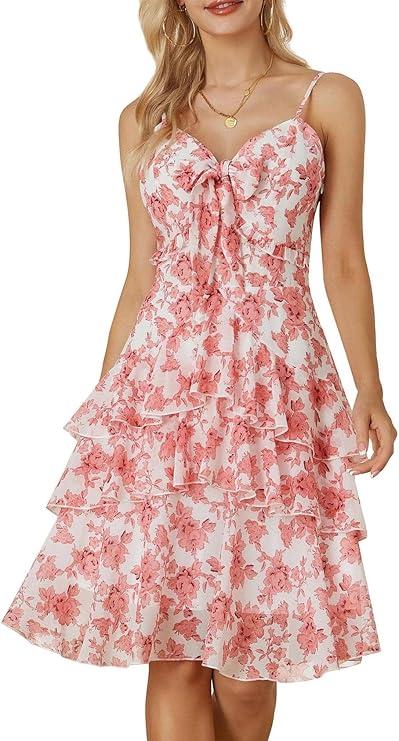 GRACE KARIN Women Summer Dress Boho Casual Floral Party Beach Dress, Pink floral, M