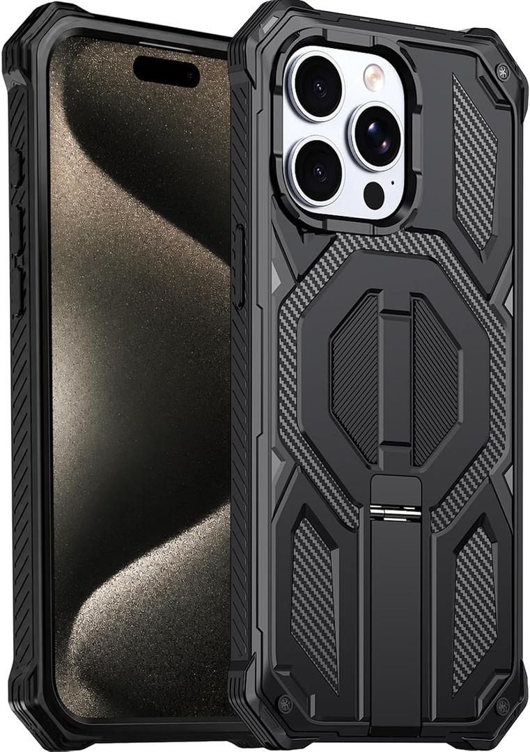for iPhone 15 Pro Max Magnetic Case with Screen Protectors, Black | Compatible with MagSafe, Concealed Kickstand, 2 Pack Screen Protectors, Military Grade, Double Layer, Shockproof Protection
