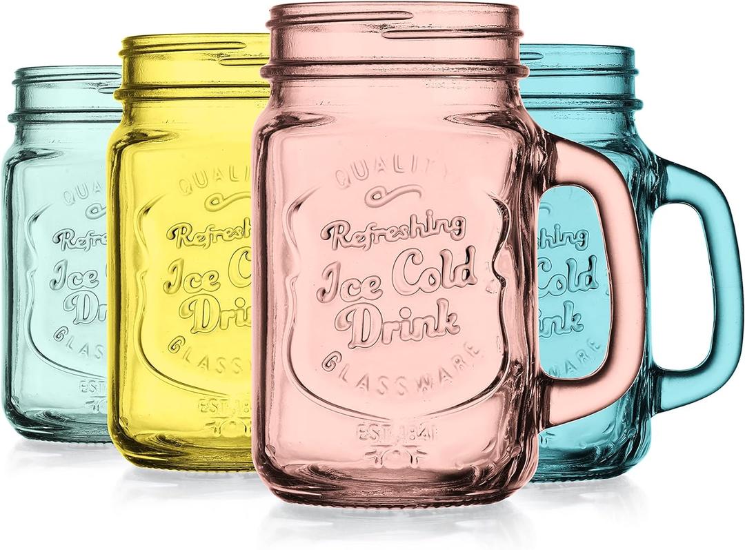 Glaver's Mason Jar Drinking Glasses Set Of 4, 15 oz. Colored Mugs With Embossed Ice-Cold Drinkware Logo, Glass Mason Jar Mug With Handle. For Smoothies, Cocktails, Beverages. Hand Wash Glaver's Mason Jar Drinking Glasses Set Of 4, 15 oz. Colored Mugs With Embossed Ice-Cold Drinkware Logo, Glass Mason Jar Mug With Handle. For Smoothies, Cocktails, Beverages. Hand Wash