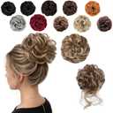 2PCS Messy Bun Hair Piece for Women Wavy Curly Scrunchies Synthetic Chignon Ponytail Hair Extensions Thick Updo Hairpieces Brunette/Ash Blonde