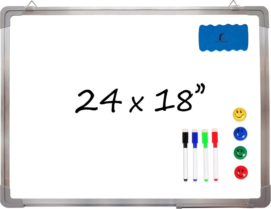 Whiteboard Set - Dry Erase Board 24 x 18 in with 1 Magnetic Dry Eraser, 4 Drywipe Markers and 4 Magnets - Small White Hanging Message Scoreboard for Home Office School (24x18 in)